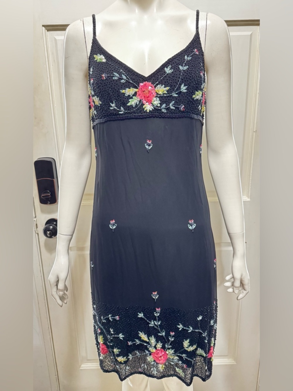 Vintage CACHE Black Midi Slip FORMAL Pink Floral Embroidery dress Sz 8 A